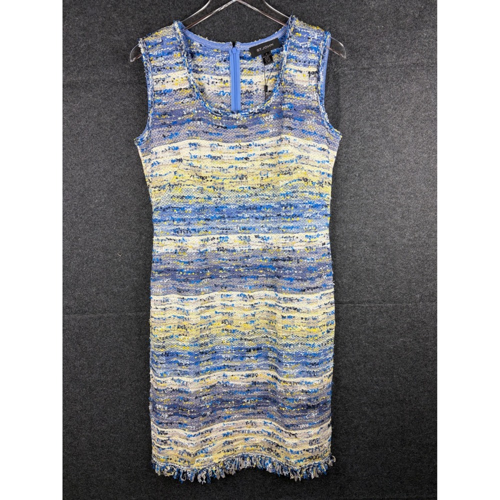 St. John Cornflower Multi Textured Knit Fringe Sheath Dress Size 10 K11S062 NWT